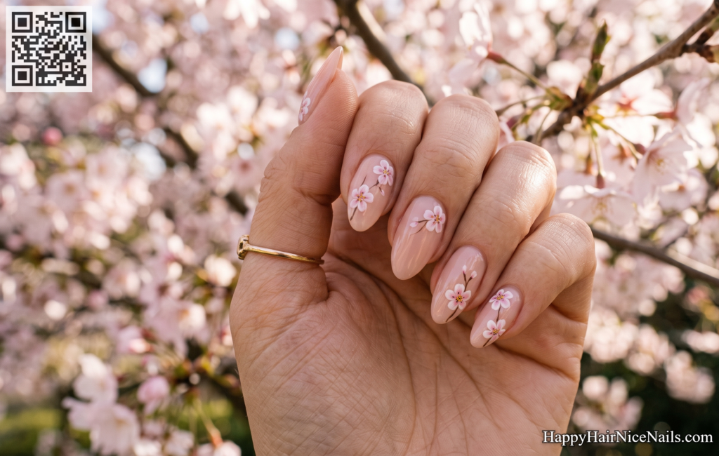 Cherry Blossom Hand-Painted Spring Gel Nails