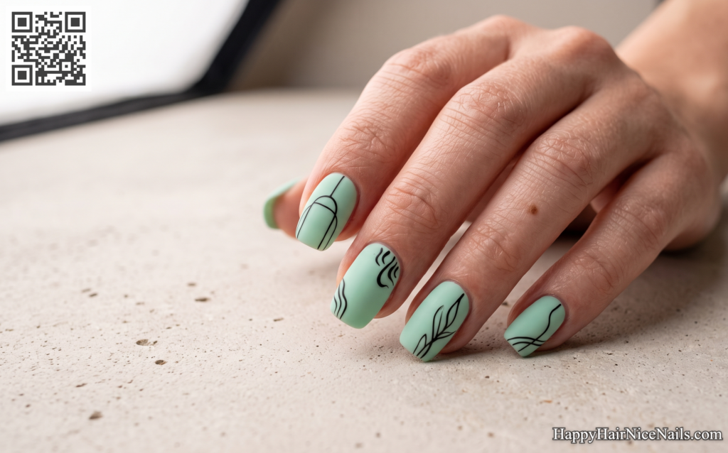 Mint Green Line Art Spring Gel Nails