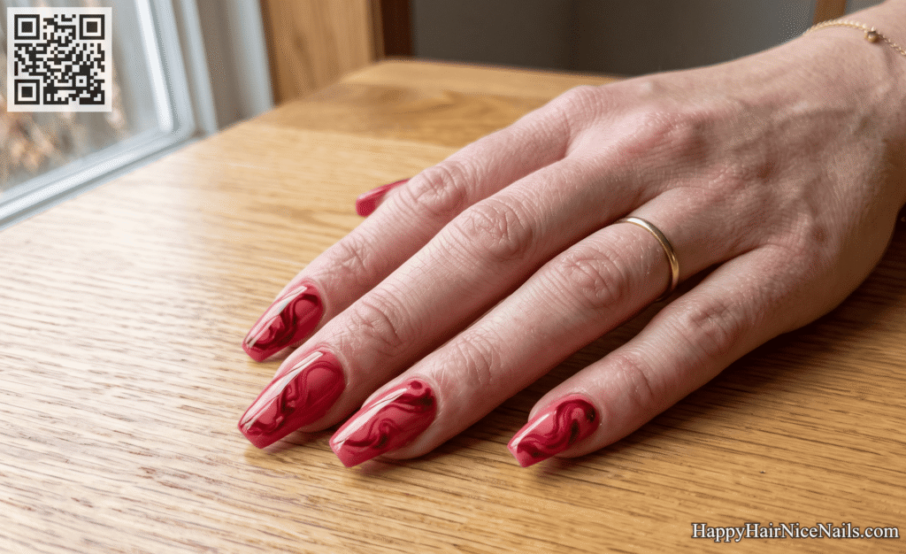 Watermelon Nails with Marbled Pink-Red Swirl
