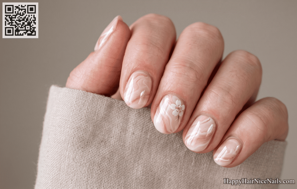 Cream and Blush Cherry Blossom Nails with Marble Swirl