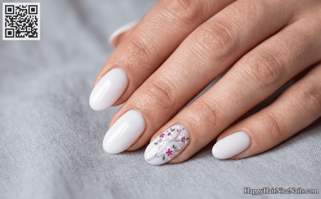 Cherry Blossom Nails with Silver Glitter Branches