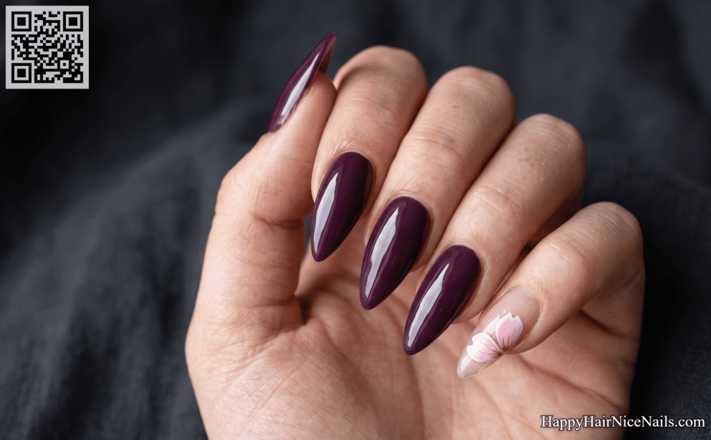  Dark Plum Cherry Blossom Nails with Single Accent Petal