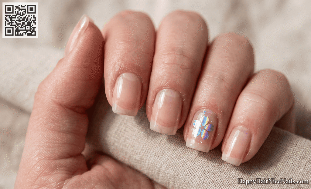 Cherry Blossom Nails with Holographic Petal Overlay