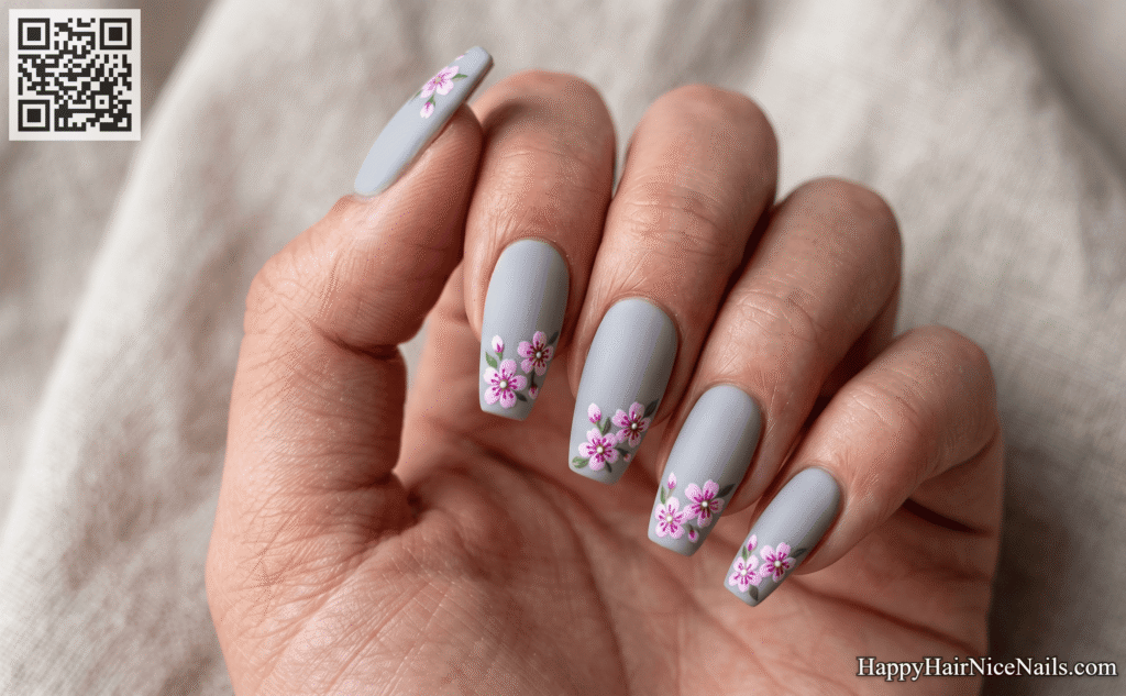 Soft Grey Cherry Blossom Nails with Pink Blossom Cluster