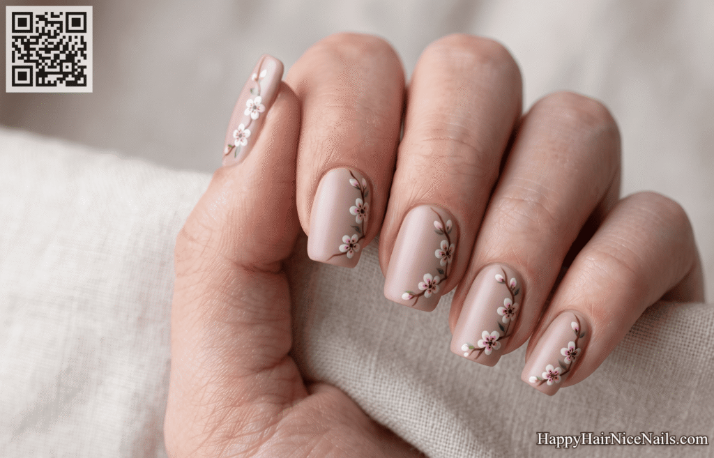 Cherry Blossom Nails on Squoval Nude Base