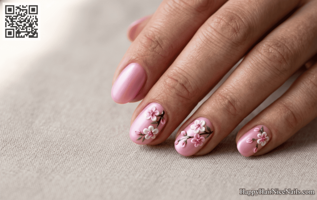 Cherry Blossom Nails on Squoval Nude Base