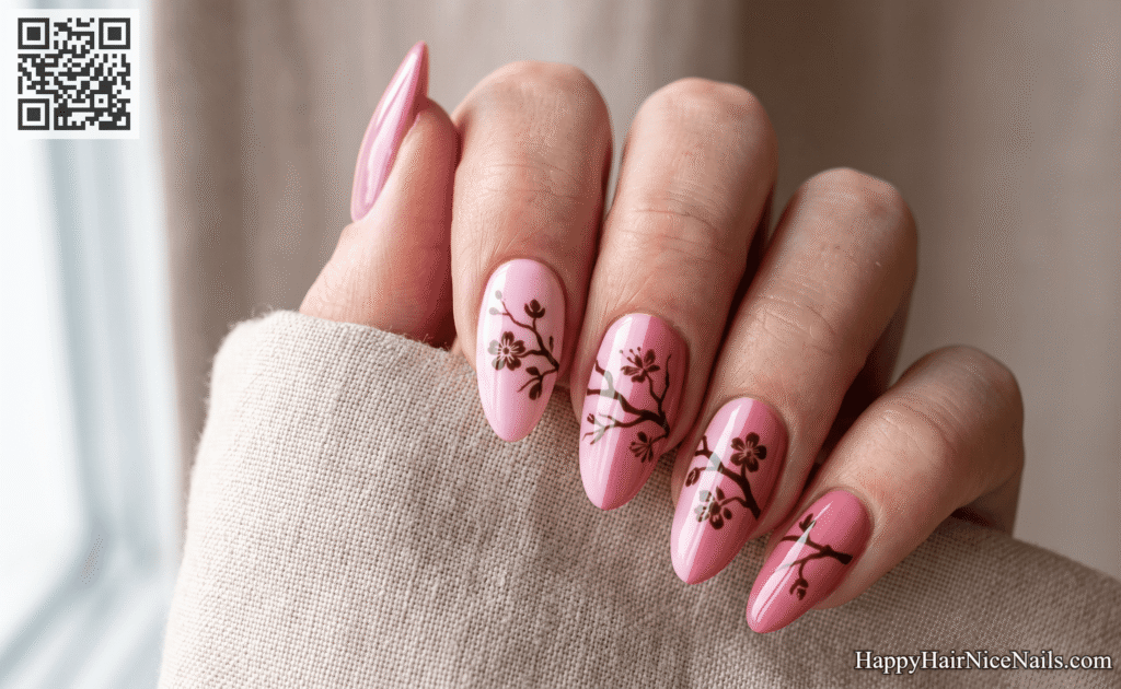 Two-Tone Pink Cherry Blossom Nails with Branch Silhouette
