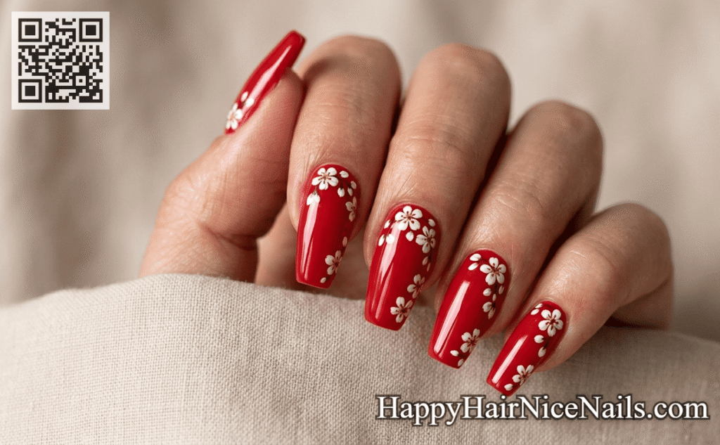 Cherry Blossom Nails in Classic Red with White Blossoms