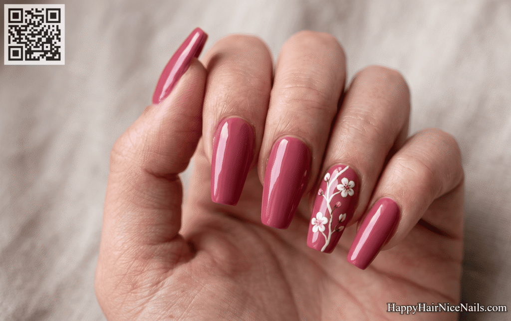 Deep Rose Cherry Blossom Nails on Coffin Tips