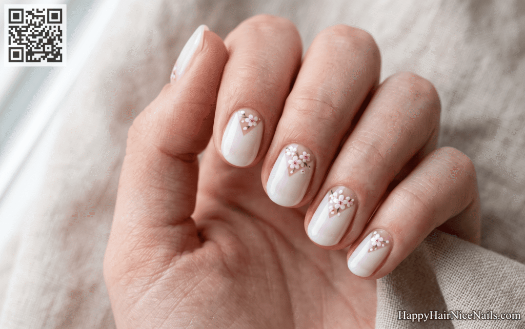Milky White Cherry Blossom Nails with Negative Space