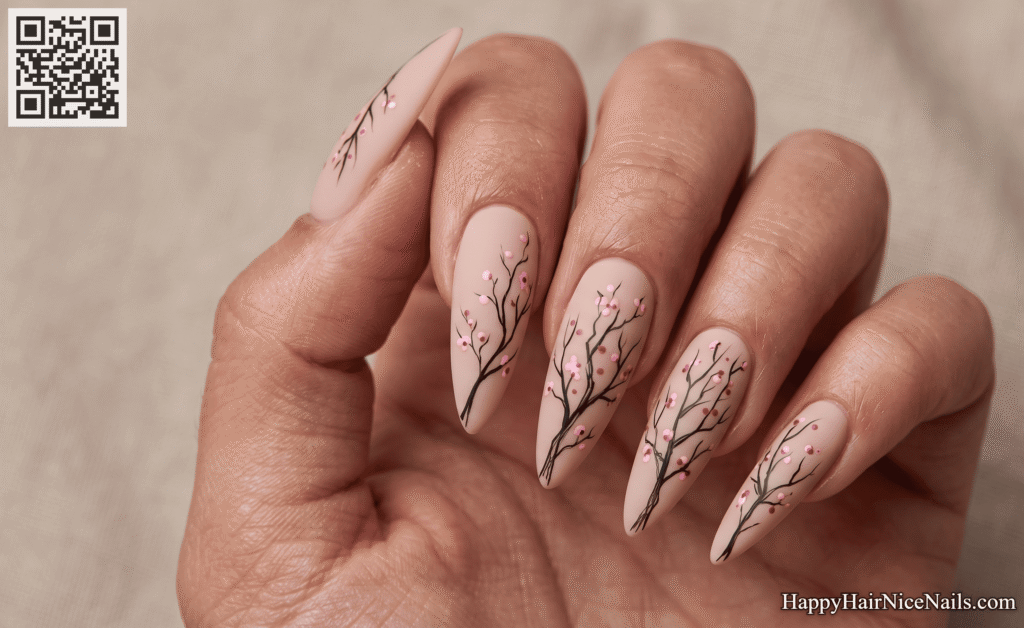 Cherry Blossom Nails with Black Branch Line Art