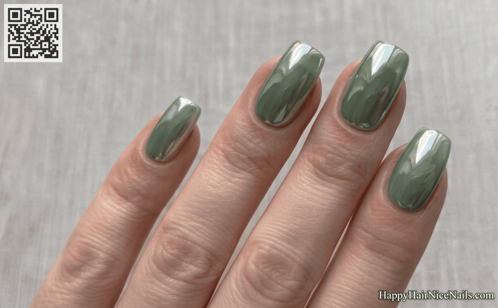 Sage Green Spring Nails Chrome Finish
